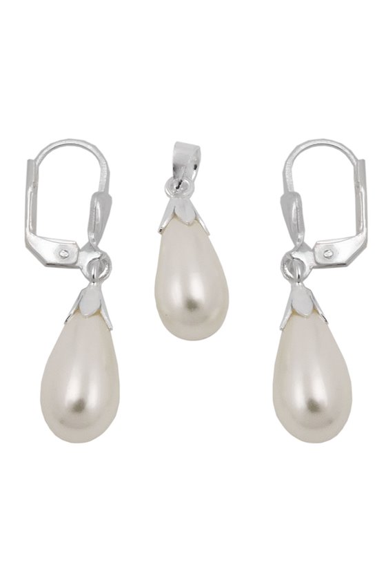 SET PENDANT/STUDS WHITE BEAD SILVER 925