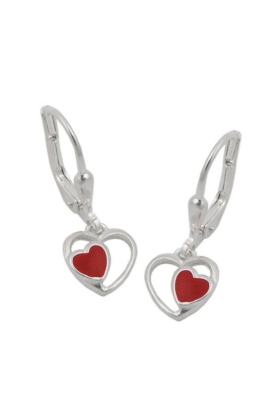EARRINGS LEVERBACK RED HEART SILVER 925