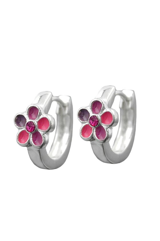 HOOP EARRINGS PINK LACQUERED FLOWERS SILVER 925