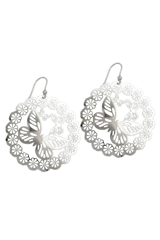 HOOK EARRINGS BUTTERFLY & FLOWERS SILVER 925