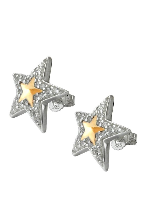 STUD EARRINGS STARS WITH ZIRCONIA TWO TONE SILVER 925