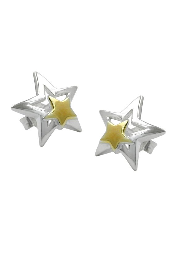 STUD EARRINGS STAR TWO TONE SILVER 925
