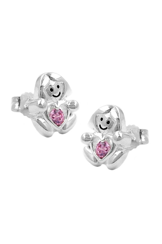 EAR STUDS GIRL WITH A LITTLE PINK HEART SILVER 925