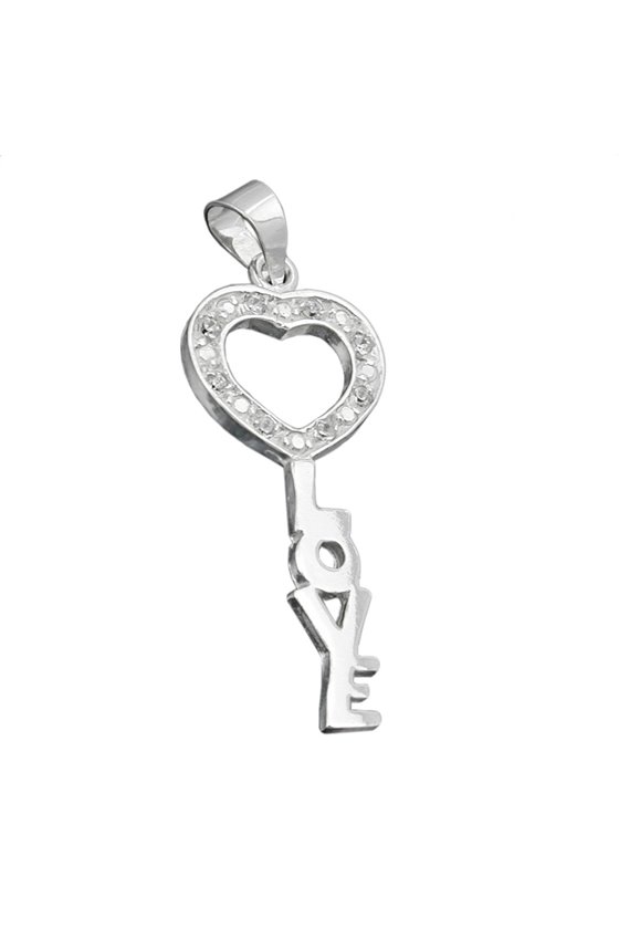 KEY PENDANT 'LOVE' WITH A HEART OF ZIRCONIAS SILVER 925