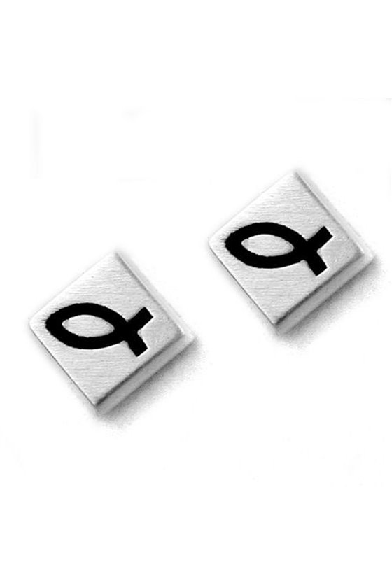 EARSTUDS SQUARE PLATE BLACK CHRISTIAN FISH SYMBOL SILVER 925