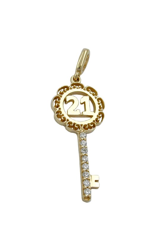 PENDANT KEY -21- WITH ZIRCONIA CRYSTALS 9K GOLD