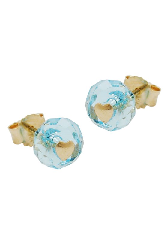 STUD EARRINGS CRYSTAL AQUA HEART 14K GOLD