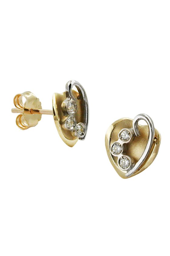 STUD EARRINGS HEART BI-COLOURED ZIRCONIA 9K GOLD