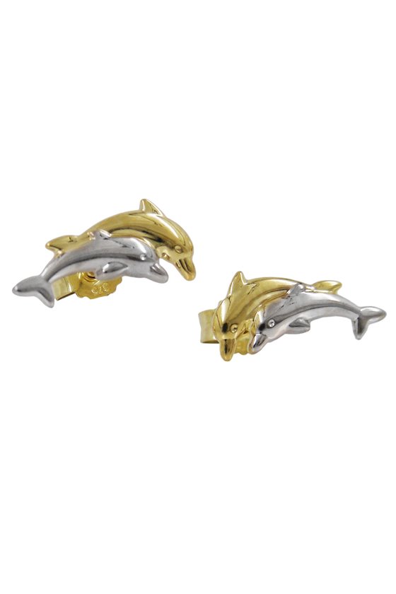 STUD EARRINGS DOLPHIN COUPLE TWO TONE 9K GOLD