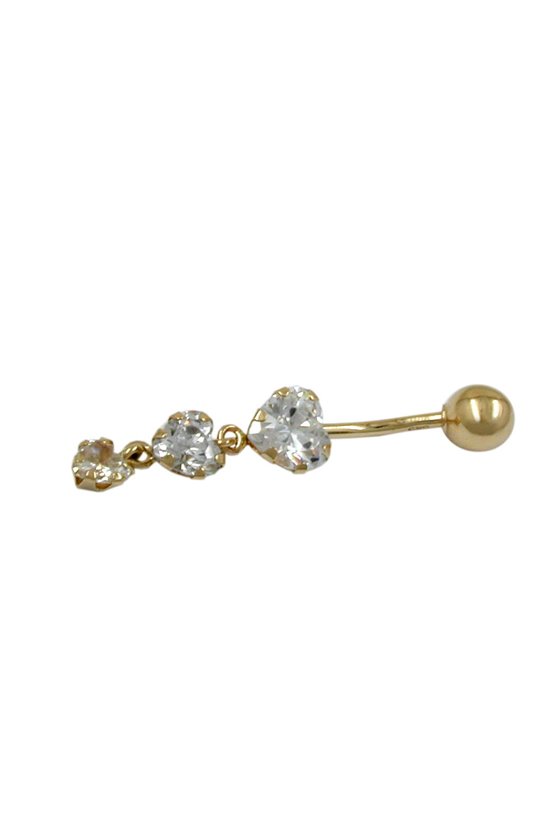 NAVEL-BELLY BAR 3 CZ-HEARTS 14K GOLD