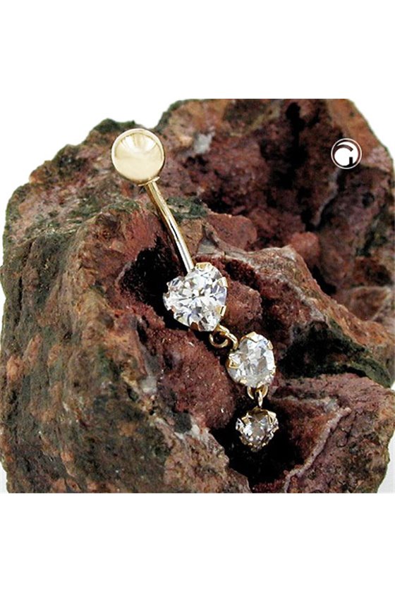 NAVEL-BELLY BAR 3 CZ-HEARTS 14K GOLD