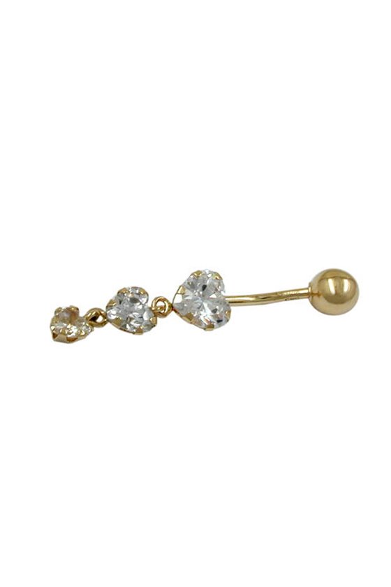 NAVEL-BELLY BAR 3 CZ-HEARTS 14K GOLD