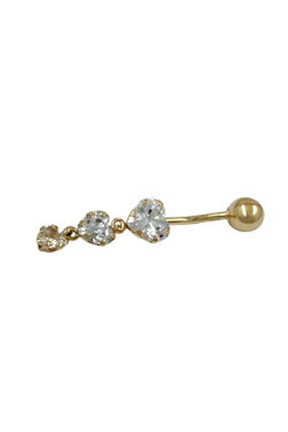 NAVEL-BELLY BAR 3 CZ-HEARTS 14K GOLD