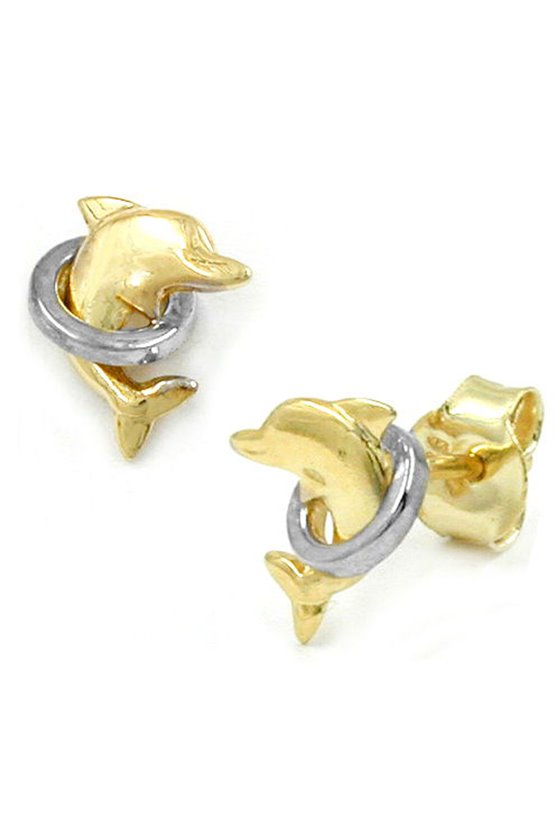 DOLPHIN EAR STUDS (JUMPING THROUGH A RING) 9K GOLD