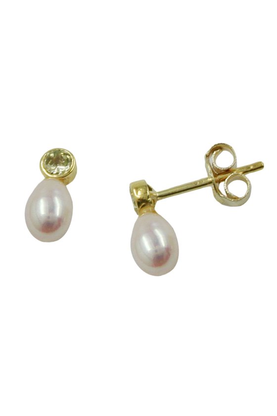 STUD EARRINGS ZIRCONIA GREEN COLORED FRESHWATER PEARL 9K GOLD