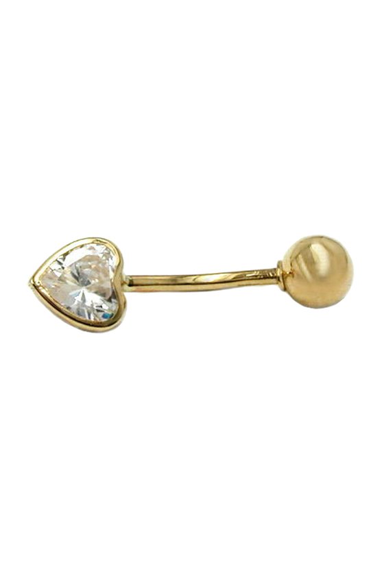 NAVEL/ BELLY BAR ZIRCONIA HEART AND BALL 14K GOLD