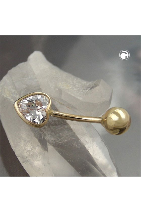 NAVEL/ BELLY BAR ZIRCONIA HEART AND BALL 14K GOLD