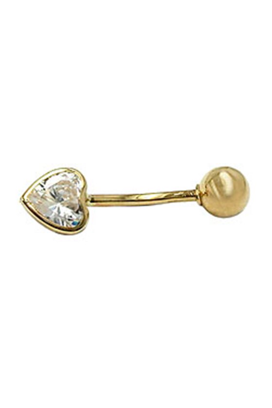 NAVEL/ BELLY BAR ZIRCONIA HEART AND BALL 14K GOLD