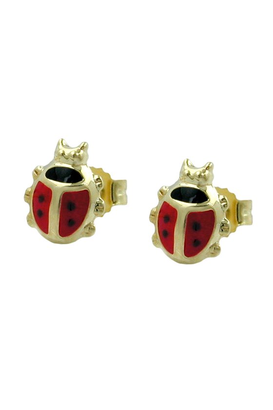 STUD EARRINGS LADYBIRD BLACK RED DOTS 9K GOLD