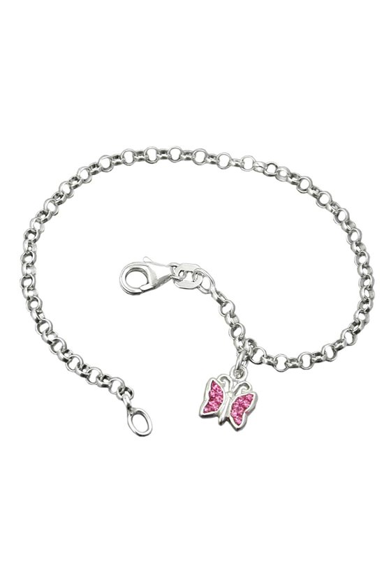 BRACELET ANCHOR CHAIN CHARM BUTTERFLY PINK SILVER 925 16CM