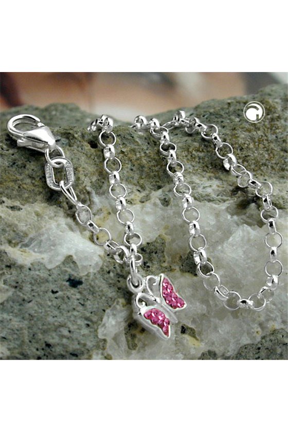BRACELET ANCHOR CHAIN CHARM BUTTERFLY PINK SILVER 925 16CM