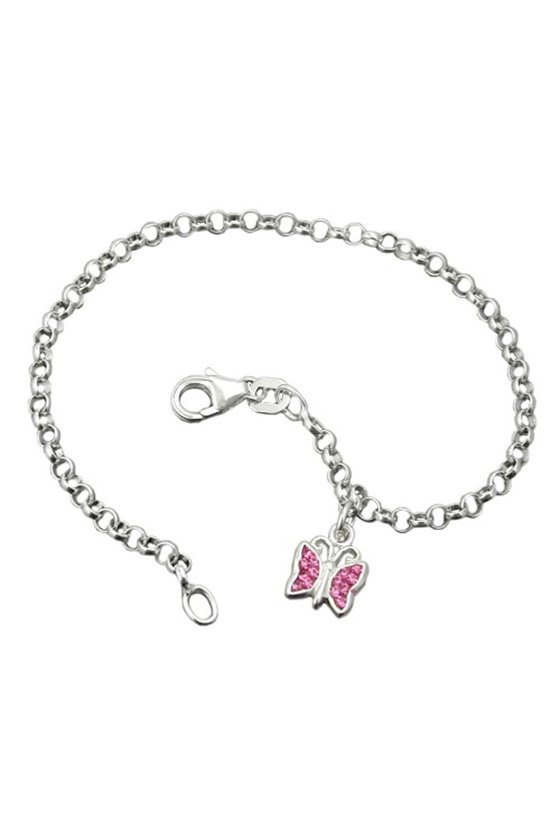 BRACELET ANCHOR CHAIN CHARM BUTTERFLY PINK SILVER 925 16CM