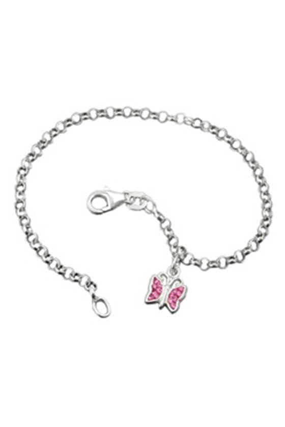 BRACELET ANCHOR CHAIN CHARM BUTTERFLY PINK SILVER 925 16CM