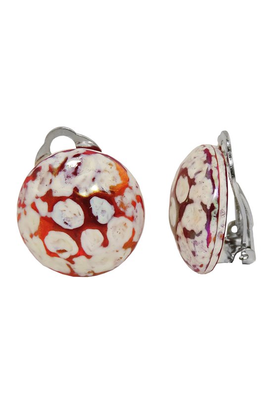 CLIP-ON EARRING ROUND HIGH RED WHITE HAMMERED 18MM