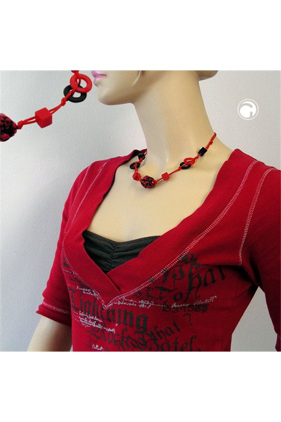 NECKLACE RED AND BLACK BEADS KNOTTED RED CORD