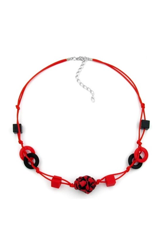 NECKLACE RED AND BLACK BEADS KNOTTED RED CORD