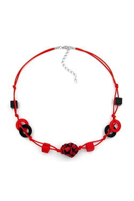 NECKLACE RED AND BLACK BEADS KNOTTED RED CORD