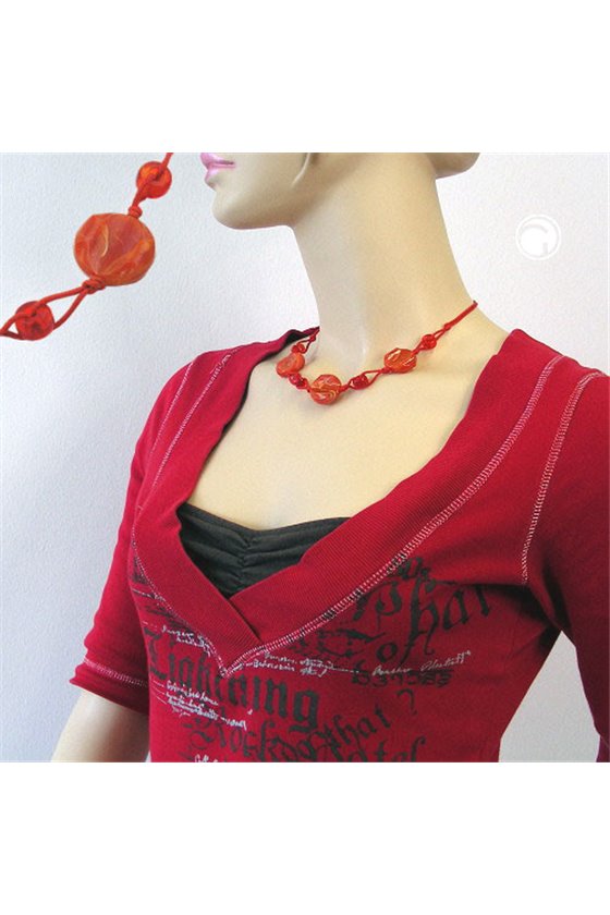 NECKLACE DISK SHAPED RED MARBLED BEADS RED CORD