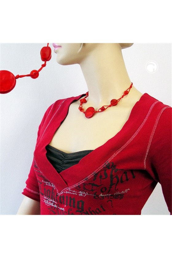 NECKLACE RED MARBLED BEADS RED CORD