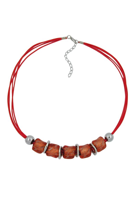 NECKLACE LARGE MARBLED RED/ORANGE BEADS RED CORD