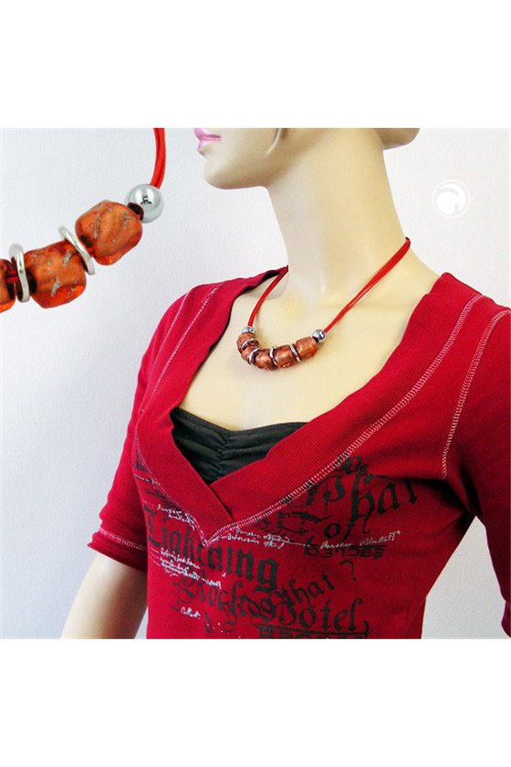 NECKLACE LARGE MARBLED RED/ORANGE BEADS RED CORD