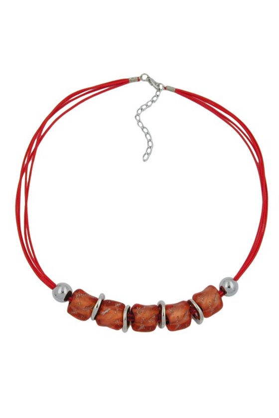 NECKLACE LARGE MARBLED RED/ORANGE BEADS RED CORD