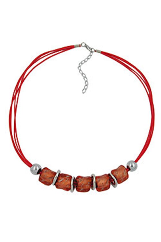 NECKLACE LARGE MARBLED RED/ORANGE BEADS RED CORD