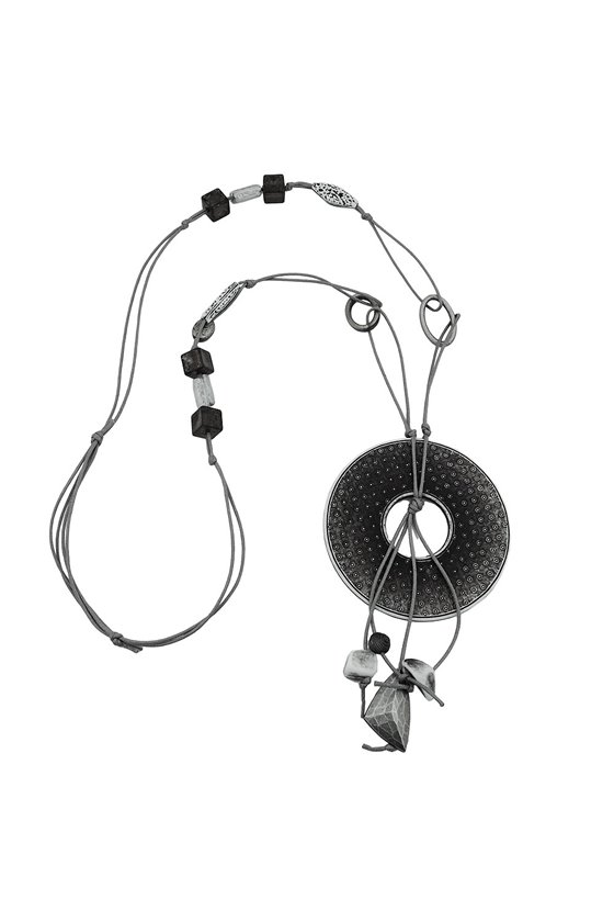 NECKLACE DISC GREY-WHITE GREY CORD