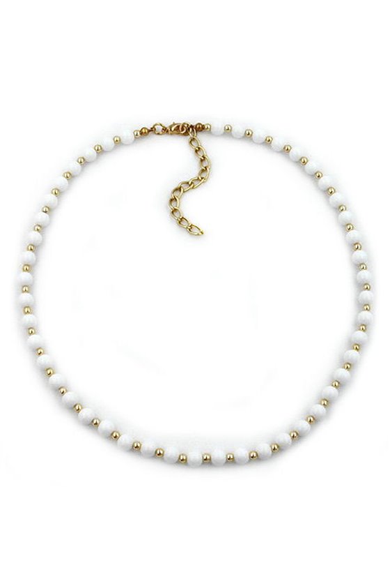 NECKLACE WHITE BEADS 6MM GOLD COLOURED