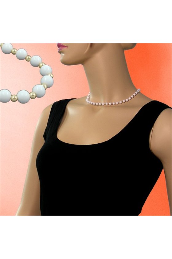 NECKLACE WHITE BEADS 6MM GOLD COLOURED