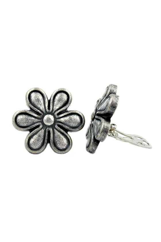 CLIP-ON EARRING FLOWER ANTIQUE SILVER COLOR