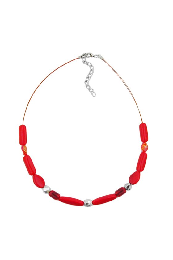 NECKLACE RED WATERED GLASS BEADS ON COATED FLEXIBLE WIRE