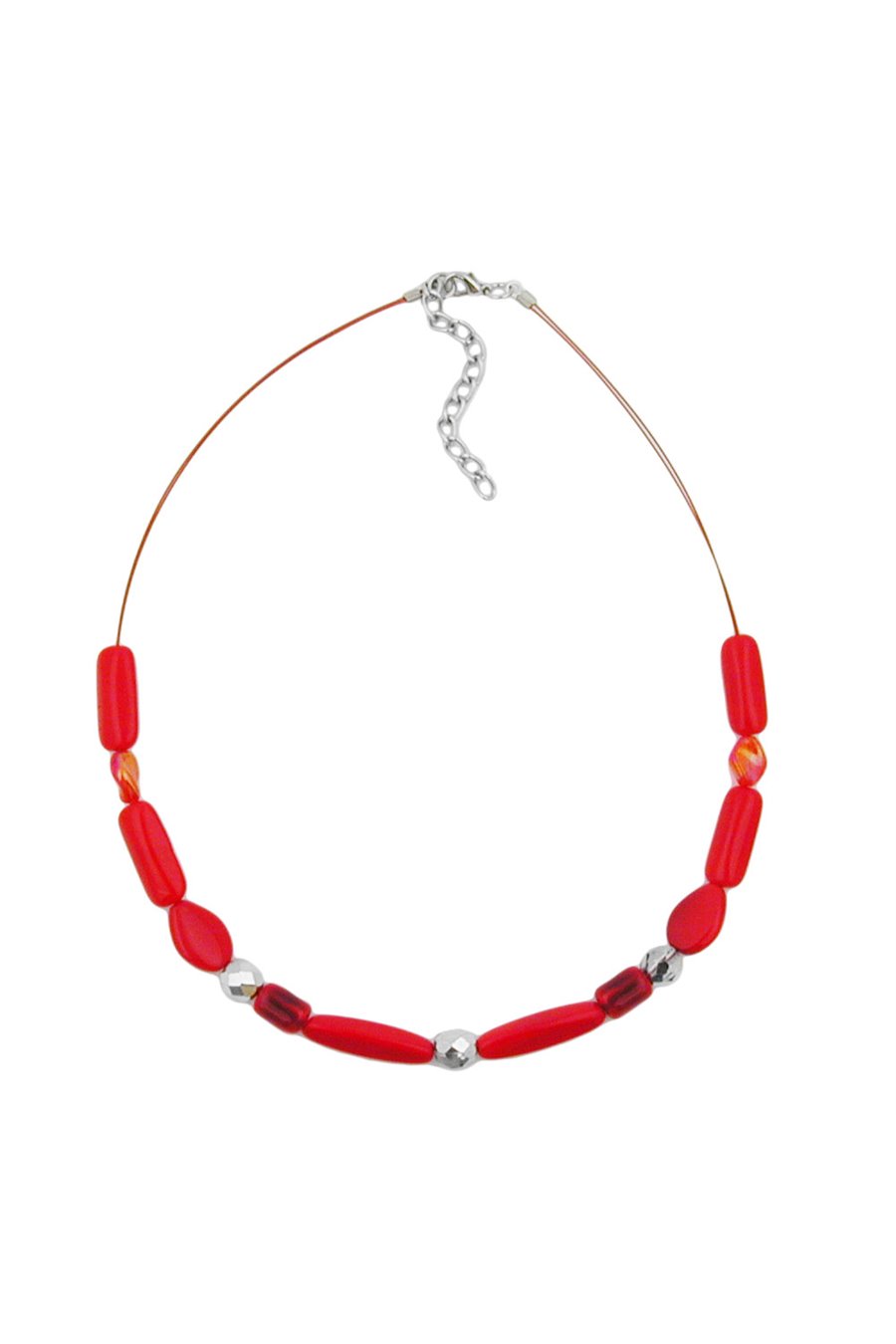 NECKLACE RED WATERED GLASS BEADS ON COATED FLEXIBLE WIRE