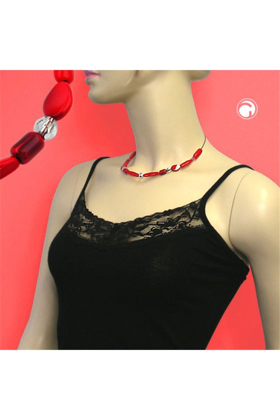 NECKLACE RED WATERED GLASS BEADS ON COATED FLEXIBLE WIRE