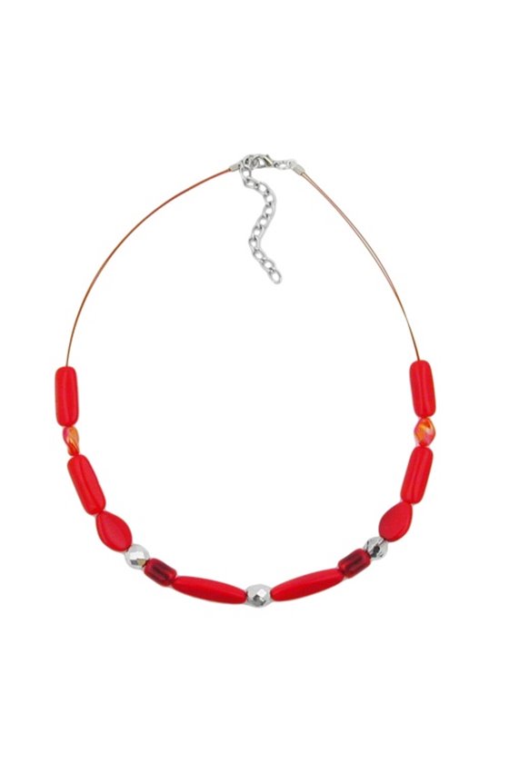 NECKLACE RED WATERED GLASS BEADS ON COATED FLEXIBLE WIRE