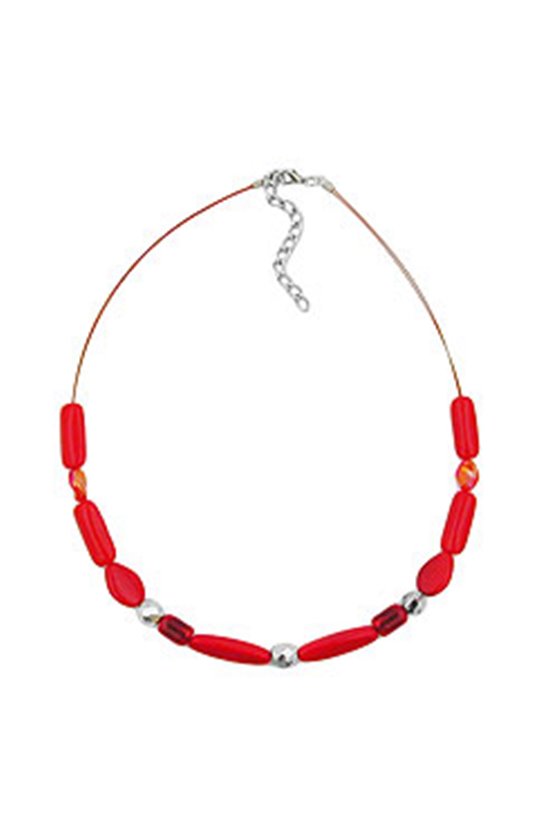 NECKLACE RED WATERED GLASS BEADS ON COATED FLEXIBLE WIRE