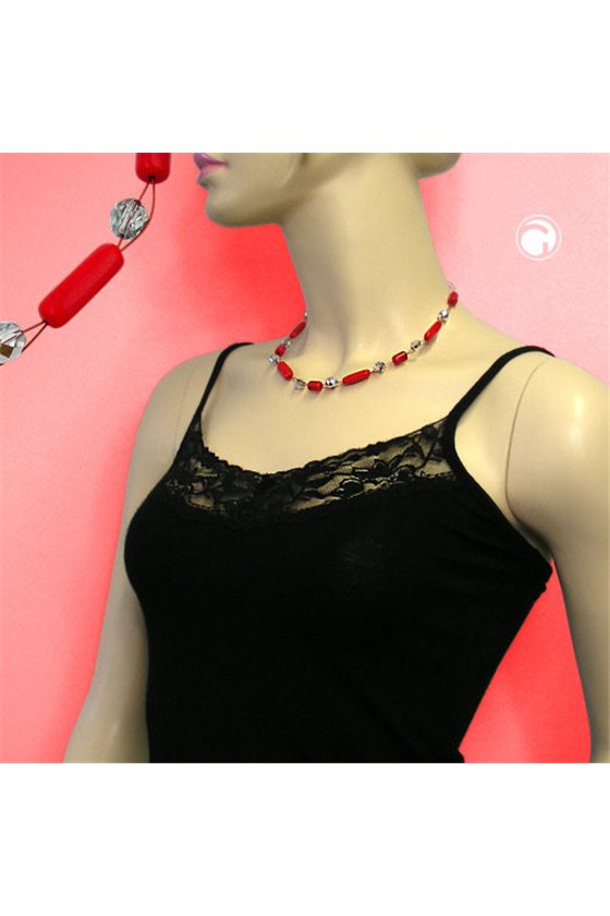 NECKLACE RED AND SILVER-MIRRORED GLASS BEADS