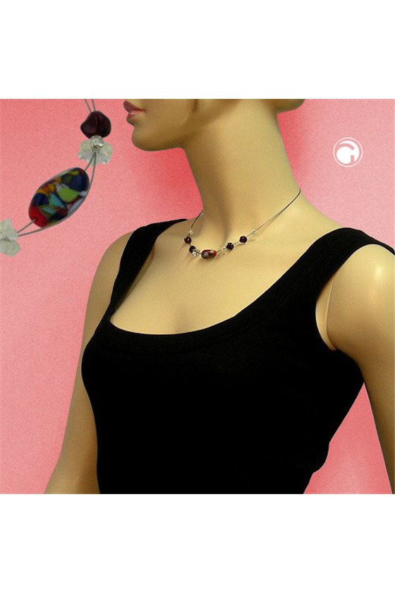 NECKLACE GLASS BEADS GREEN RED-BLUE 42CM