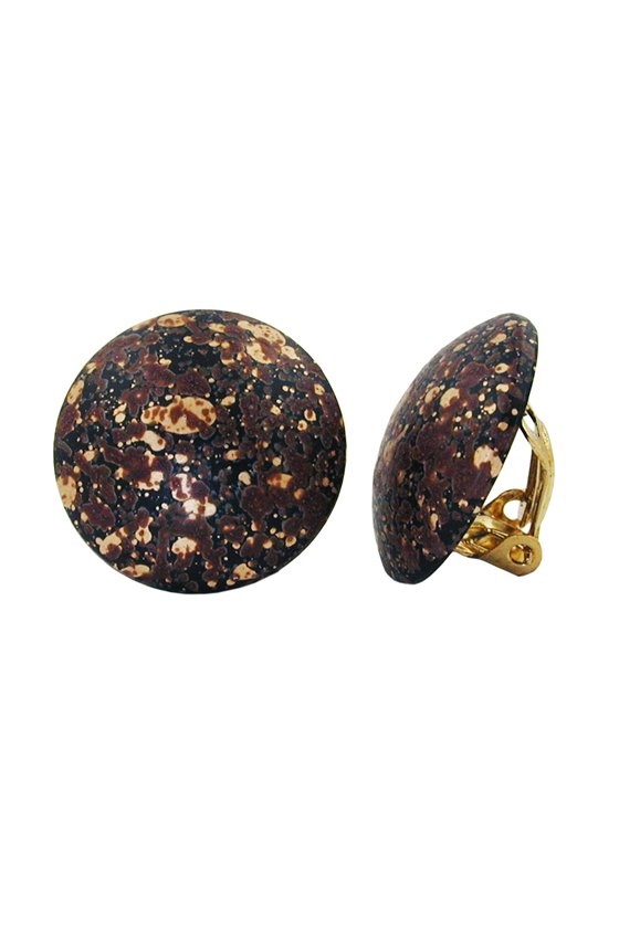 CLIP-ON EARRING ROUND BLACK BROWN GOLD COLORED 20MM