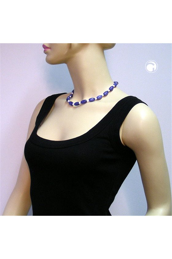 NECKLACE OLIVE SHAPED BEADS BLUE/ WHITE